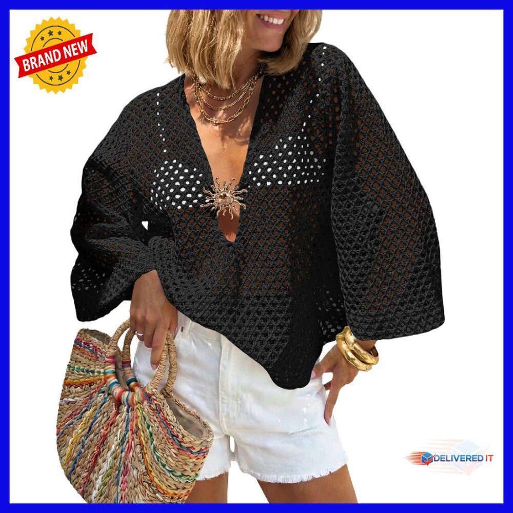 Crochet Mesh Cover Up Top 3/4 Sleeve V Neck Oversized Beach Swimsuit